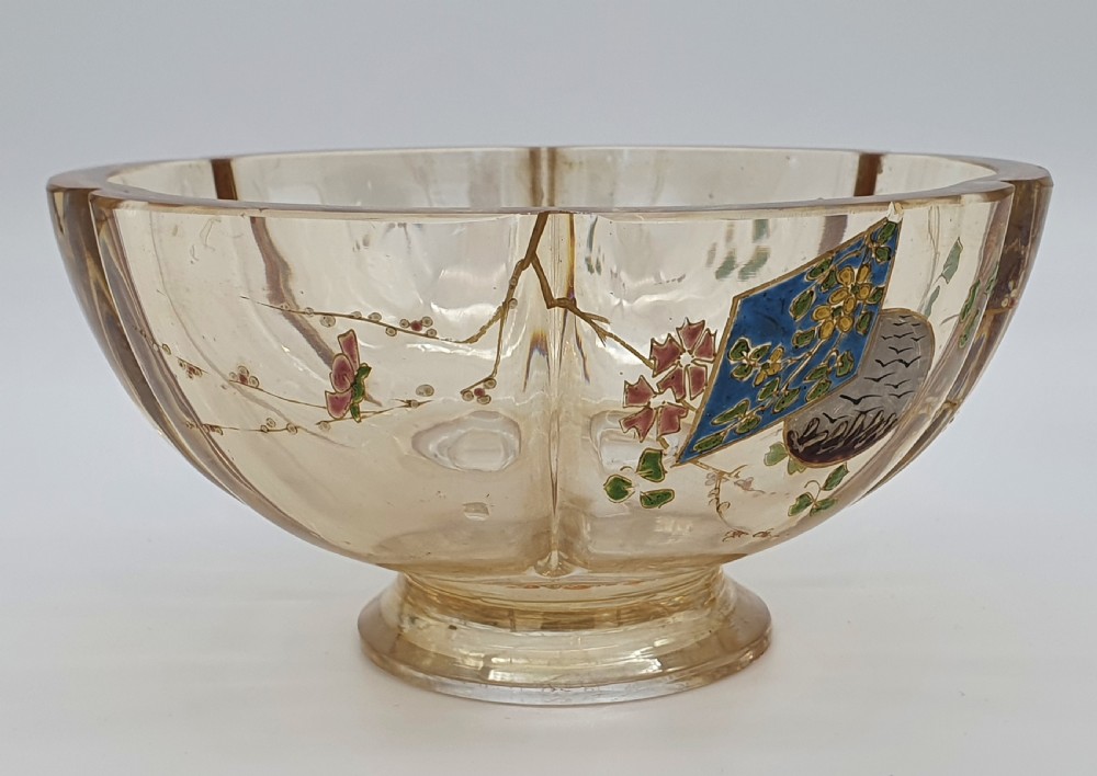 A footed amber crystal bowl featuring hand-enamelled Japanese-inspired floral motifs and geometric panels. View VI