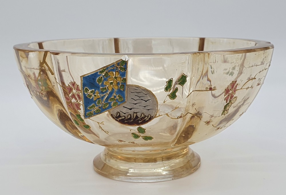 A footed amber crystal bowl featuring hand-enamelled Japanese-inspired floral motifs and geometric panels. View VII