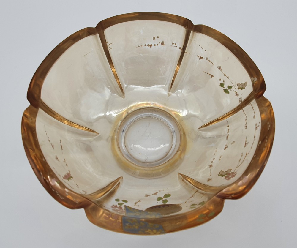 A footed amber crystal bowl featuring hand-enamelled Japanese-inspired floral motifs and geometric panels. View IX