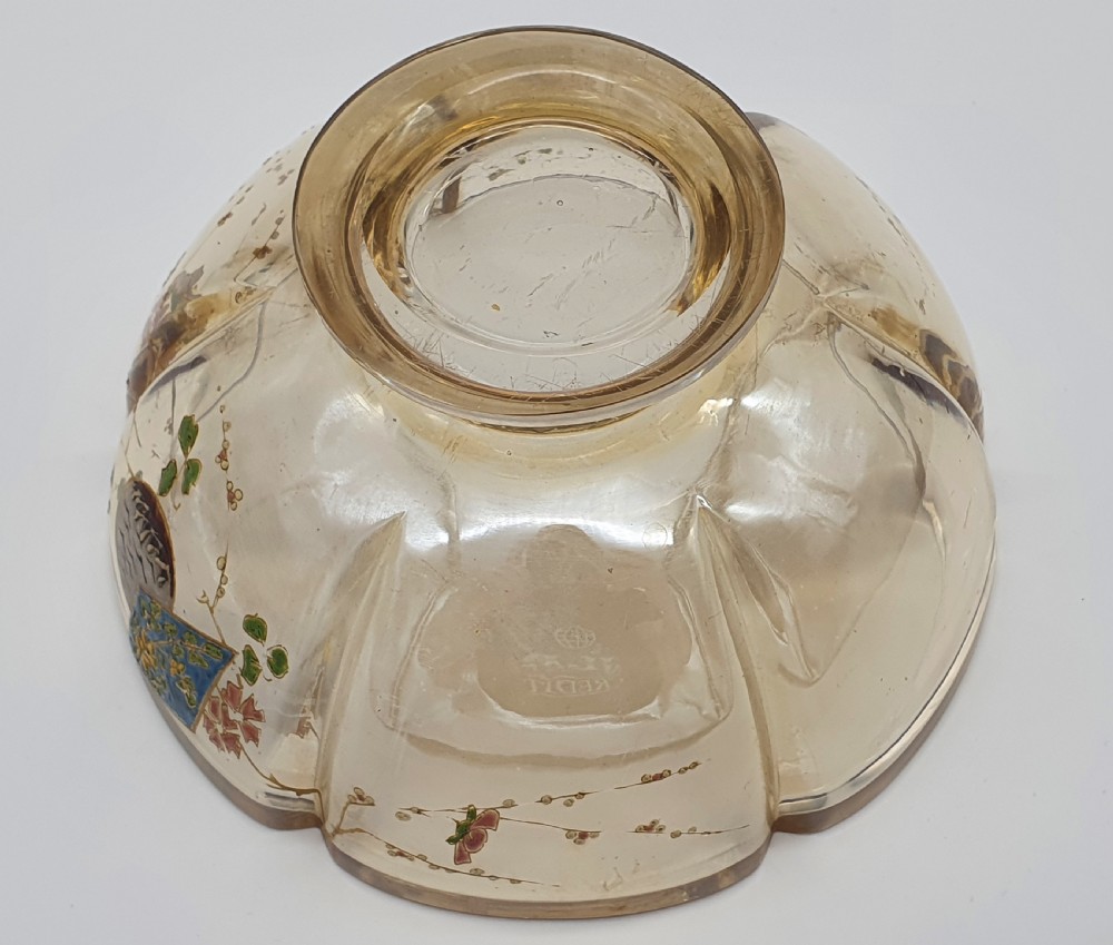 A footed amber crystal bowl featuring hand-enamelled Japanese-inspired floral motifs and geometric panels. View XI