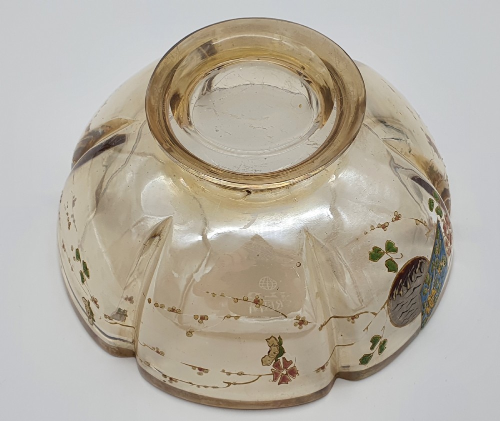 A footed amber crystal bowl featuring hand-enamelled Japanese-inspired floral motifs and geometric panels. View XII