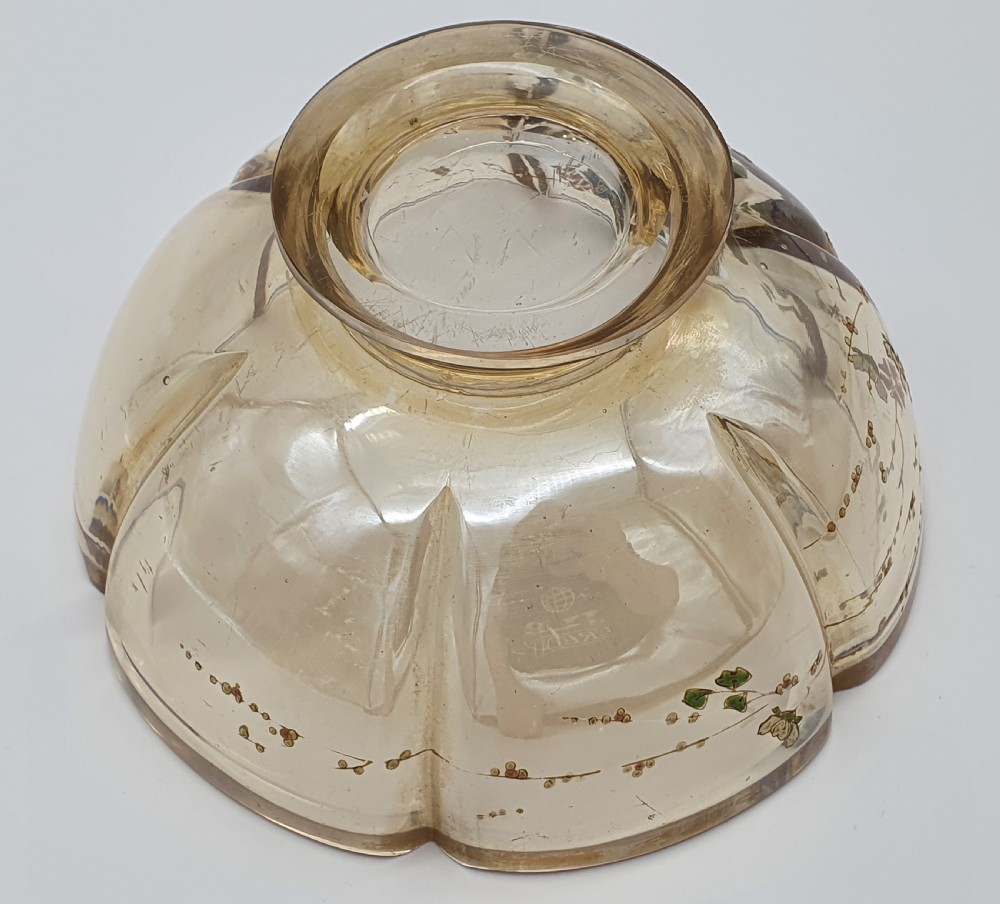 A footed amber crystal bowl featuring hand-enamelled Japanese-inspired floral motifs and geometric panels. View XIII