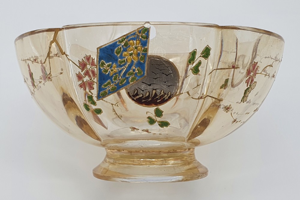 A footed amber crystal bowl featuring hand-enamelled Japanese-inspired floral motifs and geometric panels. View XIV