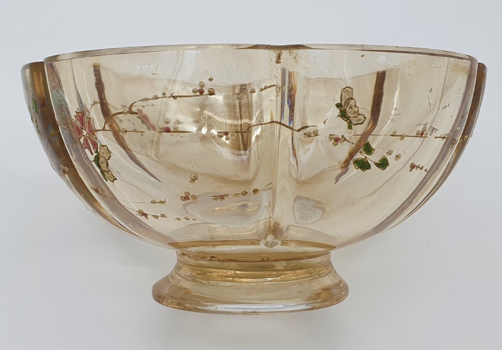 A footed amber crystal bowl featuring hand-enamelled Japanese-inspired floral motifs and geometric panels. View XV