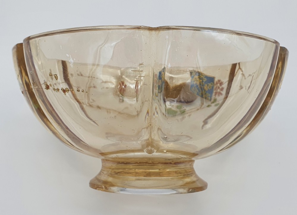 A footed amber crystal bowl featuring hand-enamelled Japanese-inspired floral motifs and geometric panels. View XVI