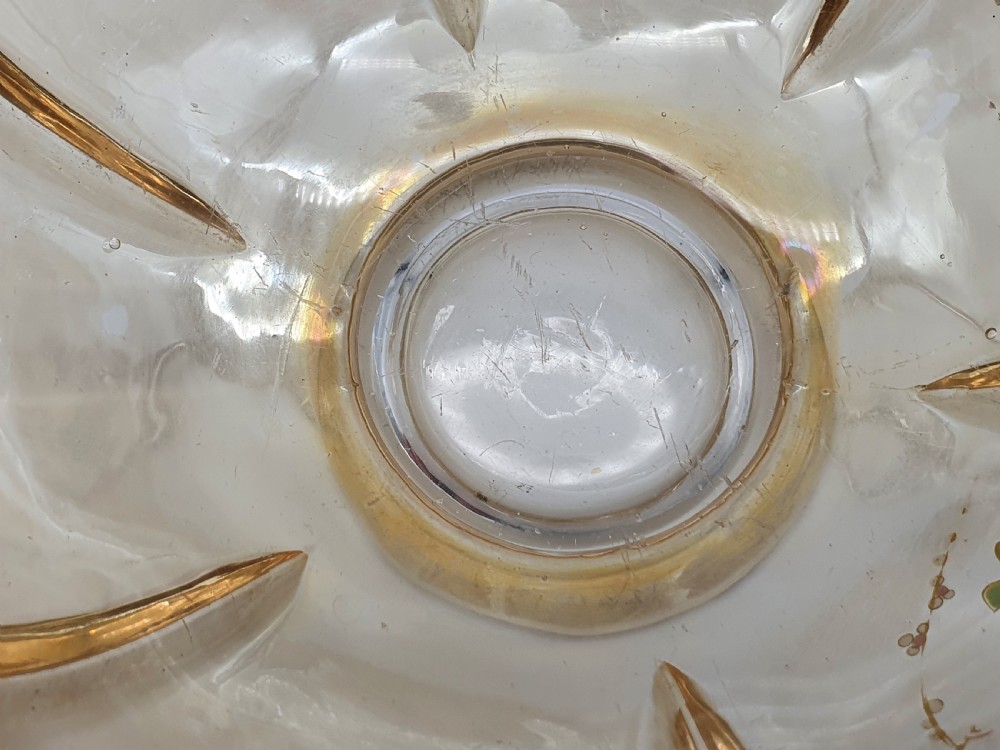 A footed amber crystal bowl featuring hand-enamelled Japanese-inspired floral motifs and geometric panels. View XVIII