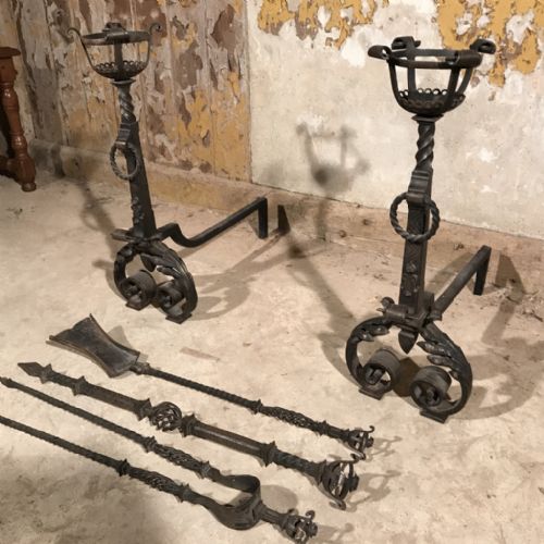 impressive french fire dogs and iron set - CATEGORY: ANTIQUE FIREPLACES - DATED 19TH CENTURY