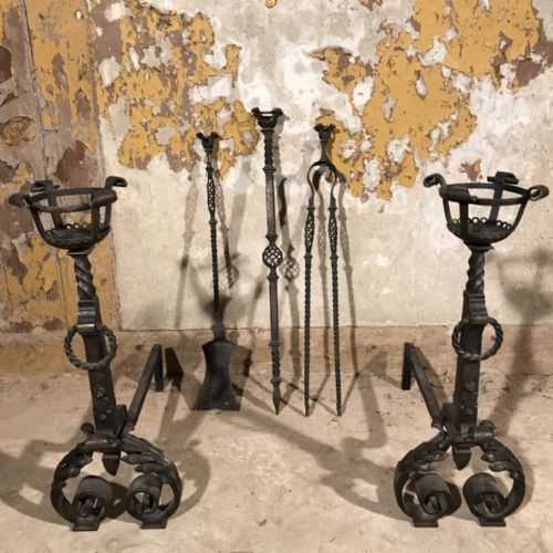 IMPRESSIVE FRENCH FIRE DOGS AND IRON SET - ADDITIONAL PHOTO 1