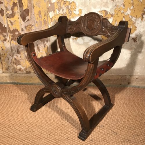 solid oak and leather x frame armchair - CATEGORY: ANTIQUE CHAIRS - DATED 1920