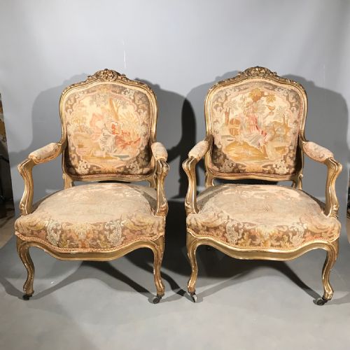 pair of french louis xv giltwood and tapestry armchairs - CATEGORY: ANTIQUE CHAIRS - DATED 1880