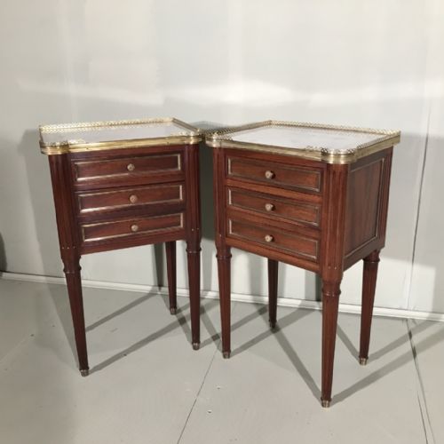 pair of french mahogany and brass inlaid bedside tables - CATEGORY: ANTIQUE CABINETS - DATED 1900