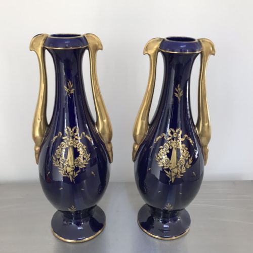 large pair of french jp cobalt blue and gilded vases - CATEGORY: ANTIQUE VASES - DATED 1920