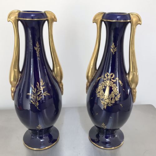 LARGE PAIR OF FRENCH JP COBALT BLUE AND GILDED VASES - ADDITIONAL PHOTO 1