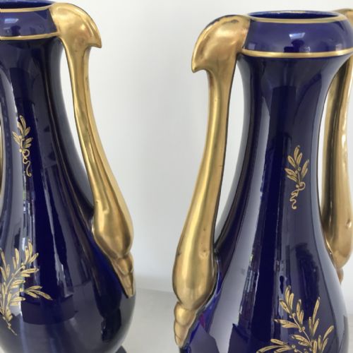LARGE PAIR OF FRENCH JP COBALT BLUE AND GILDED VASES - ADDITIONAL PHOTO 2