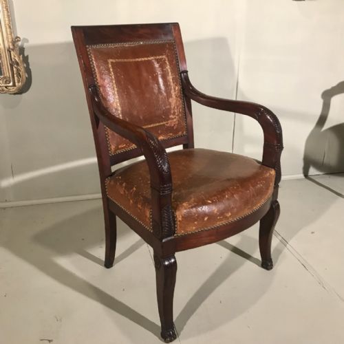 early c19th french leather desk chair in empire style - CATEGORY: ANTIQUE CHAIRS - DATED 19TH CENTURY