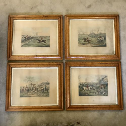 set of 4 hunting engravings in birds eye maple frames - CATEGORY: ANTIQUE ART - DATED 1900