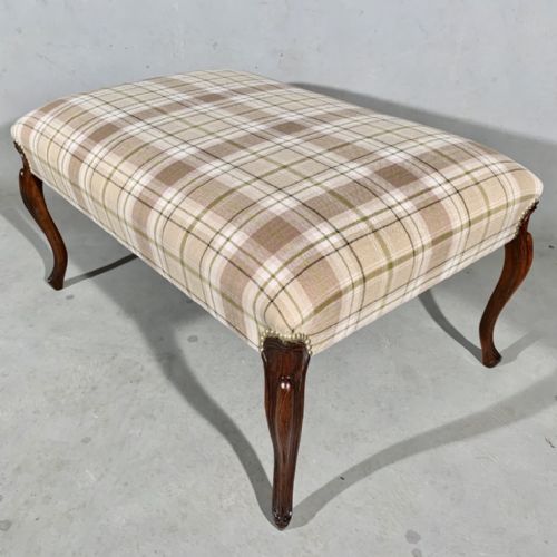 ROSEWOOD CABRIOLE LEG CENTRE FOOTSTOOL WITH CHECK FABRIC - ADDITIONAL PHOTO 1