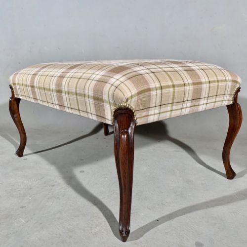 ROSEWOOD CABRIOLE LEG CENTRE FOOTSTOOL WITH CHECK FABRIC - ADDITIONAL PHOTO 2