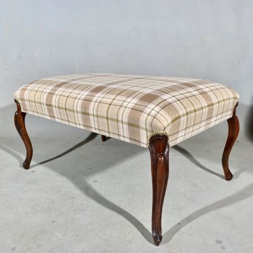 ROSEWOOD CABRIOLE LEG CENTRE FOOTSTOOL WITH CHECK FABRIC - ADDITIONAL PHOTO 4