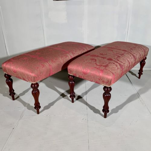 RARE PAIR OF VICTORIAN LONG STOOLS NEWLY UPHOLSTERED - ADDITIONAL PHOTO 1