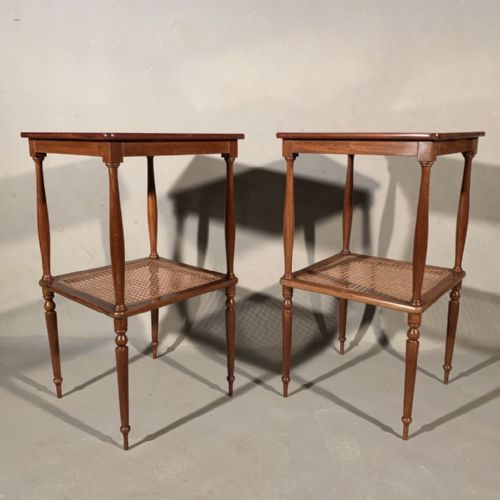 FINE PAIR OF FRENCH MAHOGANY LAMP TABLES WITH CANE - ADDITIONAL PHOTO 3