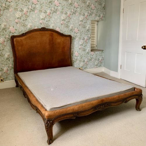 french leather upholstered bed with low end - CATEGORY: ANTIQUE BEDS - DATED 1900