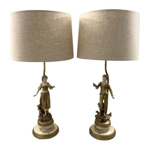 pair of paint and gilded spelter figure lamps - CATEGORY: ANTIQUE LIGHTING - DATED 1930