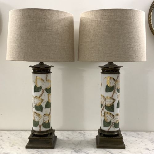 pair of white glass and gilded lamps re wired - CATEGORY: ANTIQUE LIGHTING - DATED 1920