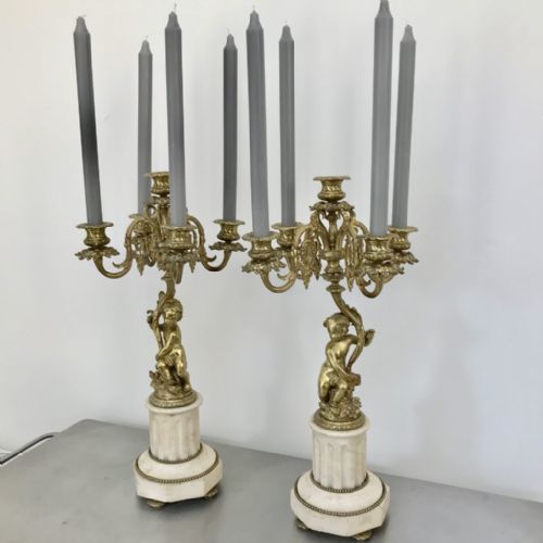 pair of french candelabra in gilt bronze and marble - CATEGORY: ANTIQUE LIGHTING - DATED 1880