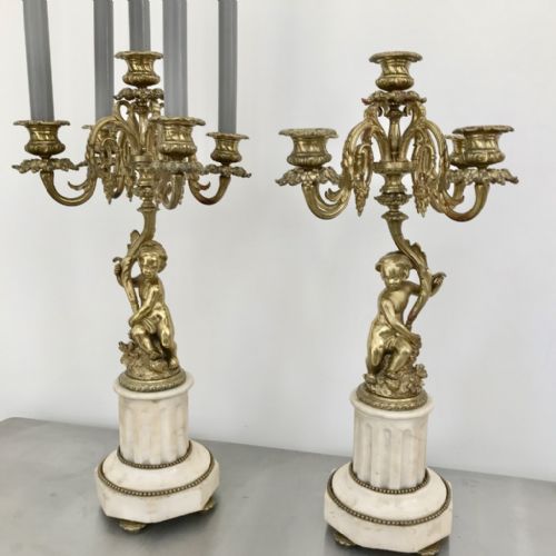 PAIR OF FRENCH CANDELABRA IN GILT BRONZE AND MARBLE - ADDITIONAL PHOTO 2