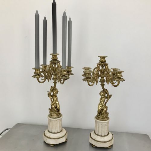 PAIR OF FRENCH CANDELABRA IN GILT BRONZE AND MARBLE - ADDITIONAL PHOTO 4