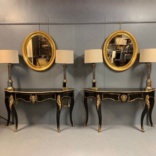 PAIR OF FRENCH EBONISED CONSOLE TABLES WITH BRASS MOUNTS - ADDITIONAL PHOTO 2