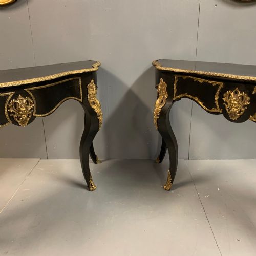 PAIR OF FRENCH EBONISED CONSOLE TABLES WITH BRASS MOUNTS - ADDITIONAL PHOTO 8