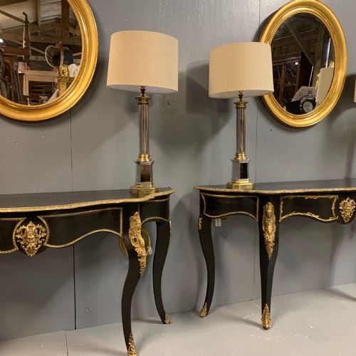 PAIR OF FRENCH EBONISED CONSOLE TABLES WITH BRASS MOUNTS - ADDITIONAL PHOTO 9
