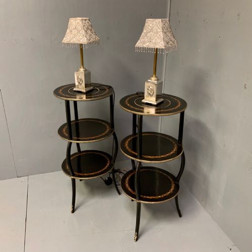 PAIR OF BLACK LACQUERED AND MOTHER OF PEARL ETAGERE SIDE TABLES - ADDITIONAL PHOTO 1