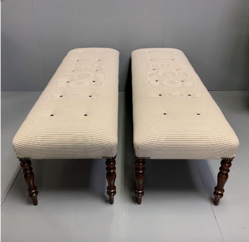 pair of 5' regency buttoned long stools in a ticking stripe - CATEGORY: ANTIQUE STOOLS - DATED REGENCY