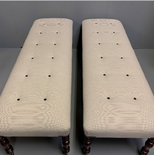 PAIR OF 5' REGENCY BUTTONED LONG STOOLS IN A TICKING STRIPE - ADDITIONAL PHOTO 1