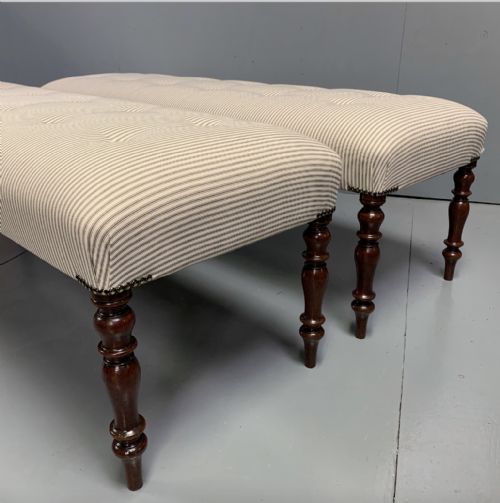 PAIR OF 5' REGENCY BUTTONED LONG STOOLS IN A TICKING STRIPE - ADDITIONAL PHOTO 4