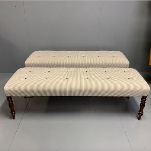 PAIR OF 5' REGENCY BUTTONED LONG STOOLS IN A TICKING STRIPE - ADDITIONAL PHOTO 5
