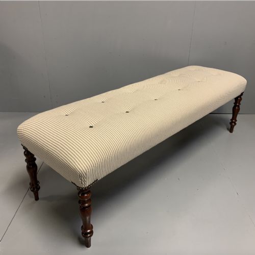 fully restored 5' regency long stool in buttoned ticking - CATEGORY: ANTIQUE STOOLS - DATED REGENCY