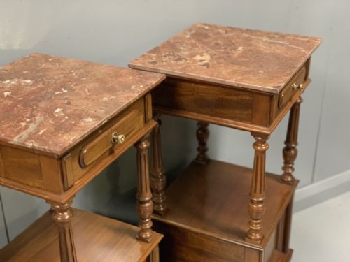 PAIR OF FRENCH WALNUT AND MARBLE TOP BEDSIDE CABINETS - ADDITIONAL PHOTO 4