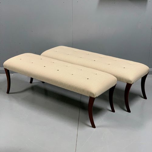 PAIR OF 5' REGENCY LONG STOOLS IN BUTTONED TICKING - ADDITIONAL PHOTO 1