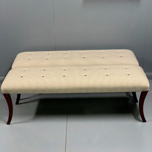 PAIR OF 5' REGENCY LONG STOOLS IN BUTTONED TICKING - ADDITIONAL PHOTO 2