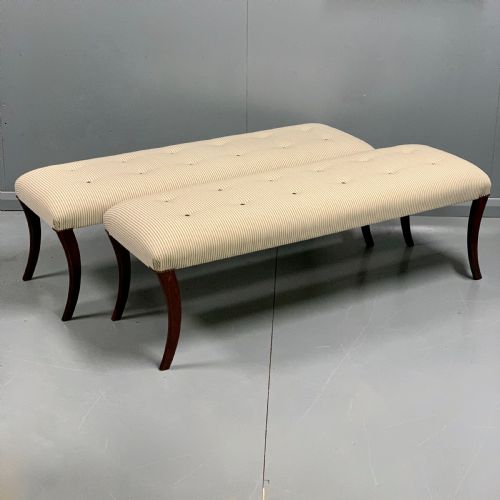 PAIR OF 5' REGENCY LONG STOOLS IN BUTTONED TICKING - ADDITIONAL PHOTO 3