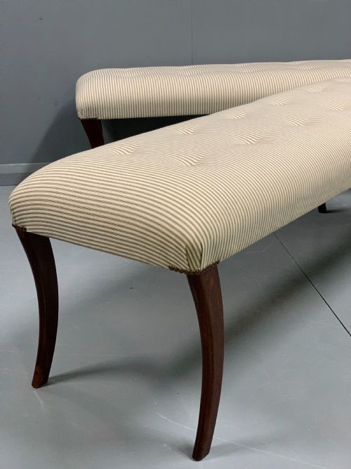 PAIR OF 5' REGENCY LONG STOOLS IN BUTTONED TICKING - ADDITIONAL PHOTO 4