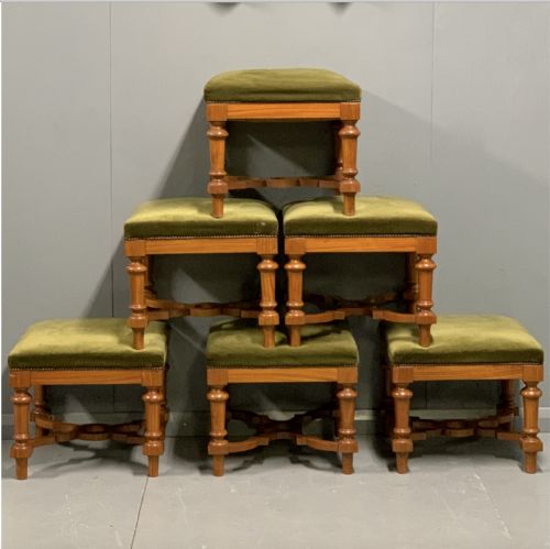 SET OF 6 SOLID SATINWOOD STOOLS WITH VINTAGE VELVET - ADDITIONAL PHOTO 1