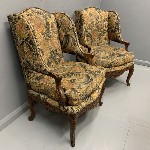 pair of french carved wing armchairs in tapestry - CATEGORY: ANTIQUE CHAIRS - DATED 19TH CENTURY