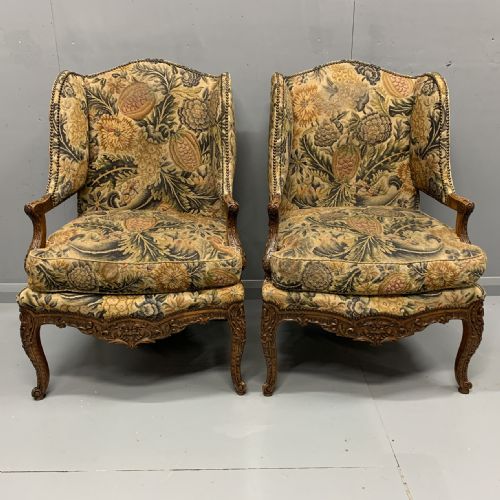 PAIR OF FRENCH CARVED WING ARMCHAIRS IN TAPESTRY - ADDITIONAL PHOTO 1