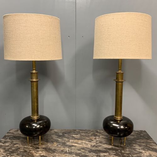 pair of bulbous ebonised and brass lamps - CATEGORY: ANTIQUE LIGHTING - DATED 1930