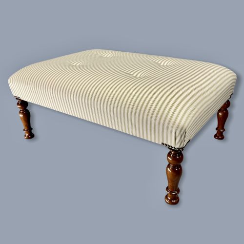 buttoned top centre footstool in ticking - CATEGORY: ANTIQUE STOOLS - DATED 19TH CENTURY